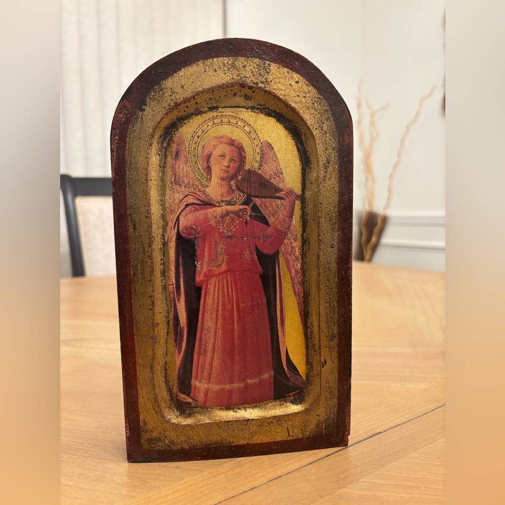 Vintage Florentine Gilded Wood Plaque Musician Angel Fra Angelico Art